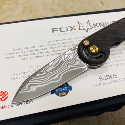 Fox FX550DCFR Radius Folding Knife 2.95" Gysinge Damasteel Plain Blade, "Space Coral" Copper Infused Carbon Fiber Handles - 01FX888DAM - 01FX888DAM