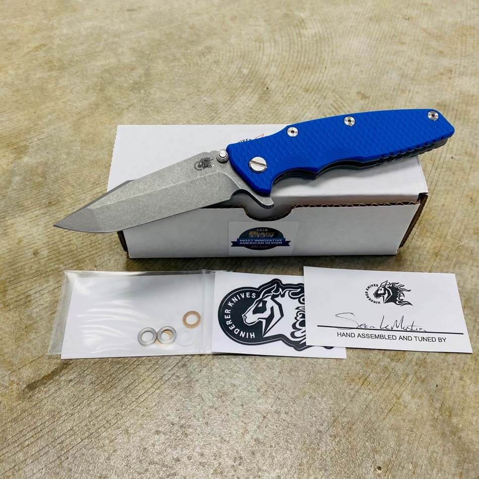 Rick Hinderer Eklipse 3.5" Harpoon Spanto Tri-Way Working Finish Blue G10 Flipper Knife