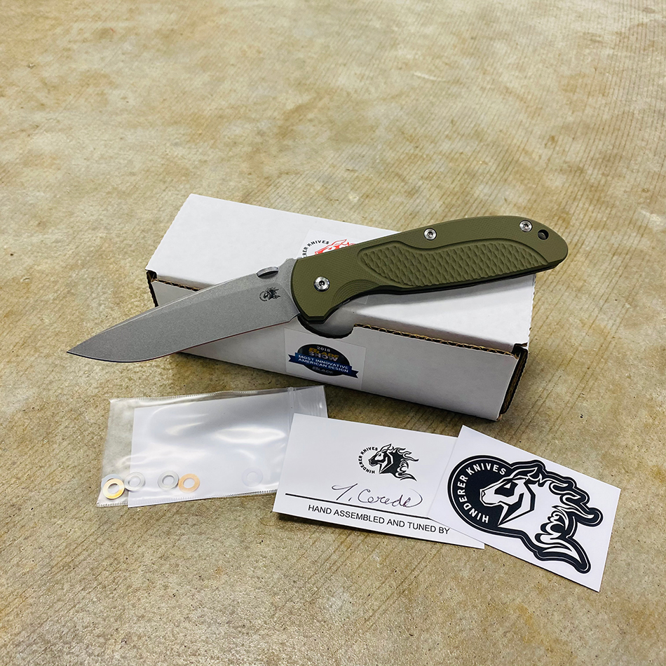 Rick Hinderer Tri-Way Firetac Folding Knife 3.625" CPM-20CV Stonewashed Recurve Blade, OD Green G10 and Battle Bronze Titanium Handles Knife