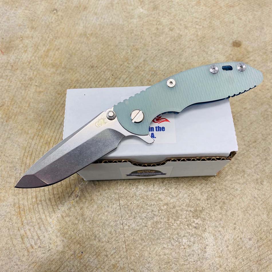 Rick Hinderer XM-18 3.0" Spanto, Tri-Way, Stonewash Blue, Translucent Green G10 Folding Knife