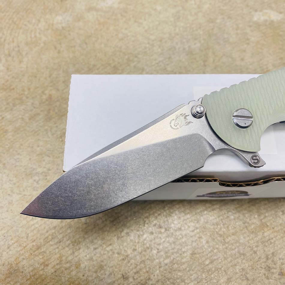 Rick Hinderer XM-18 3.5" SKINNY Magnacut Slicer Tri-Way Stonewash Translucent Green G10 Flipper Knife - RH XM-18 3.5" Skinny Slcr Green