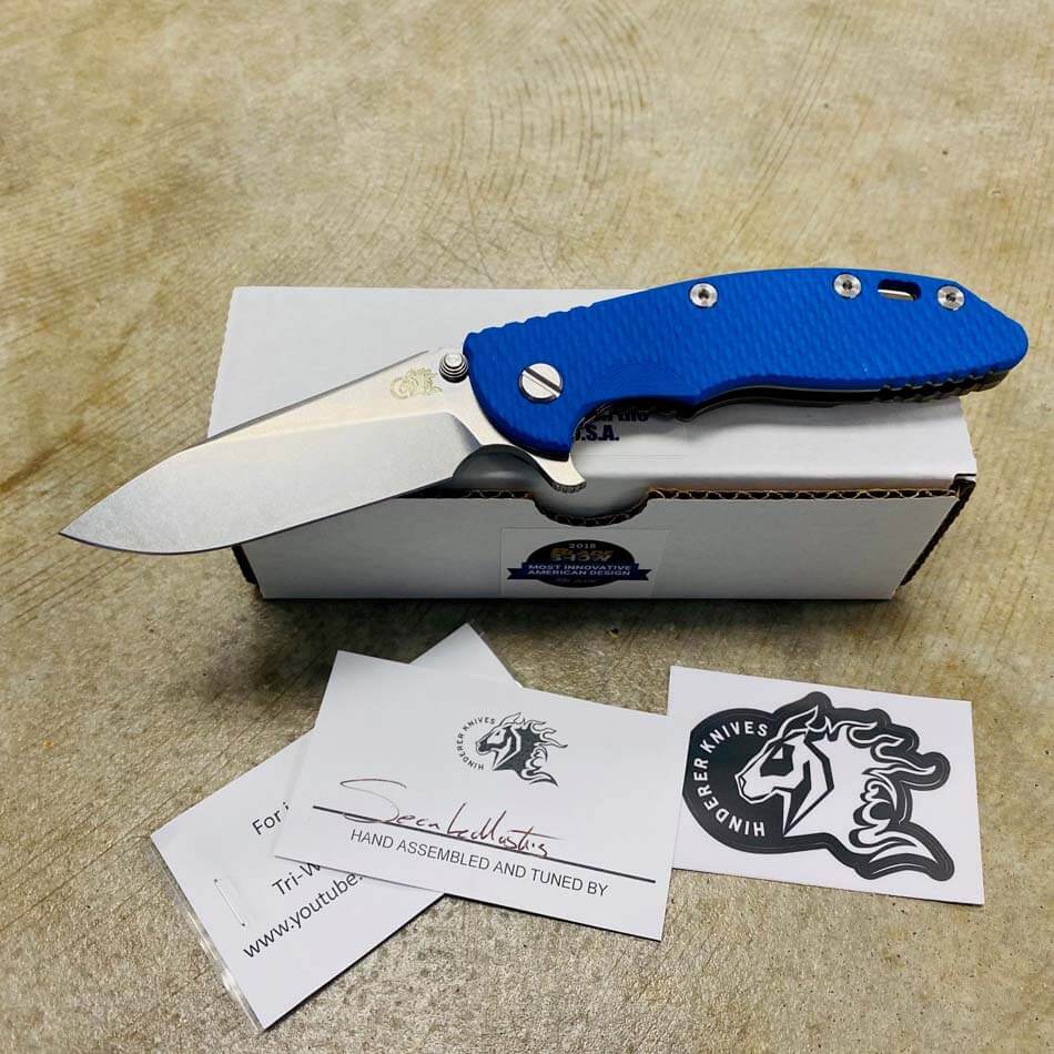 Rick Hinderer XM-18 3.5" Slicer Tri-Way Stonewash Bronze Finish Blue G10 Stonewash Blade Knife 