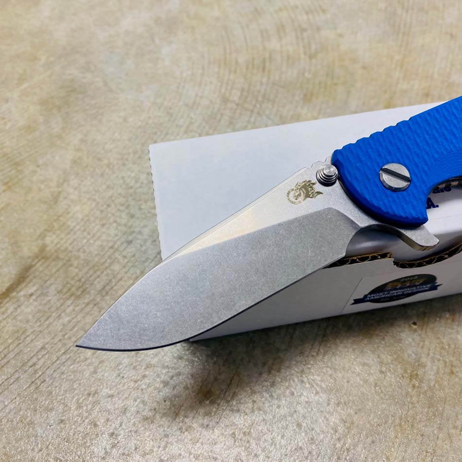 Rick Hinderer XM-18 3.5" Slicer Tri-Way Stonewash Bronze Finish Blue G10 Stonewash Blade Knife  - RH XM-18 3.5" Slicer SW Brz BLU