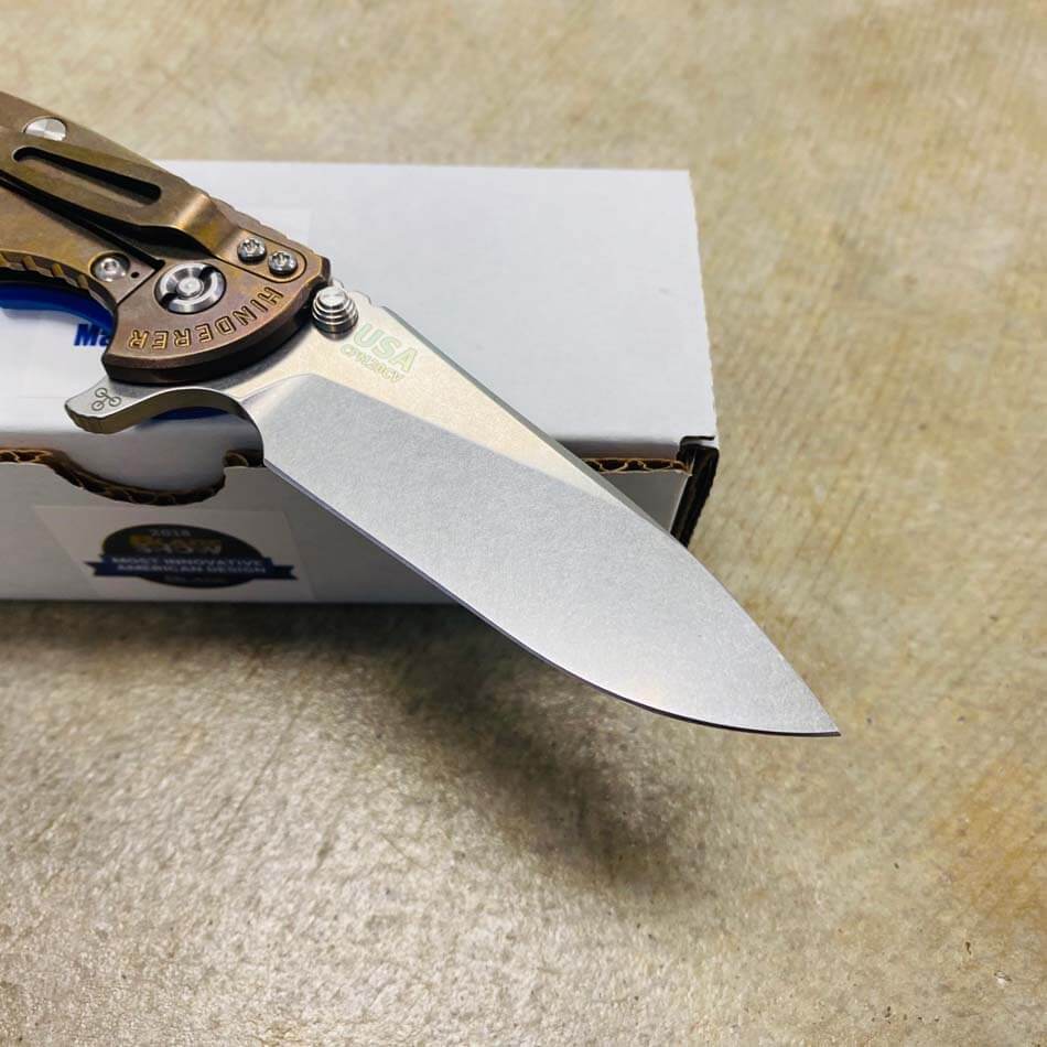 Rick Hinderer XM-18 3.5" Slicer Tri-Way Stonewash Bronze Finish Blue G10 Stonewash Blade Knife  - RH XM-18 3.5" Slicer SW Brz BLU