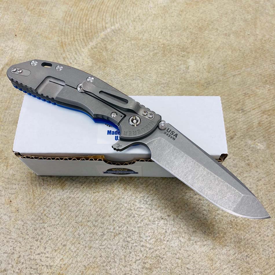 Rick Hinderer XM-24 4.0" Spanto Tri-Way, Working Finish, Blue G10 Folding Knife - RH XM-24 4" Spanto WF Blue