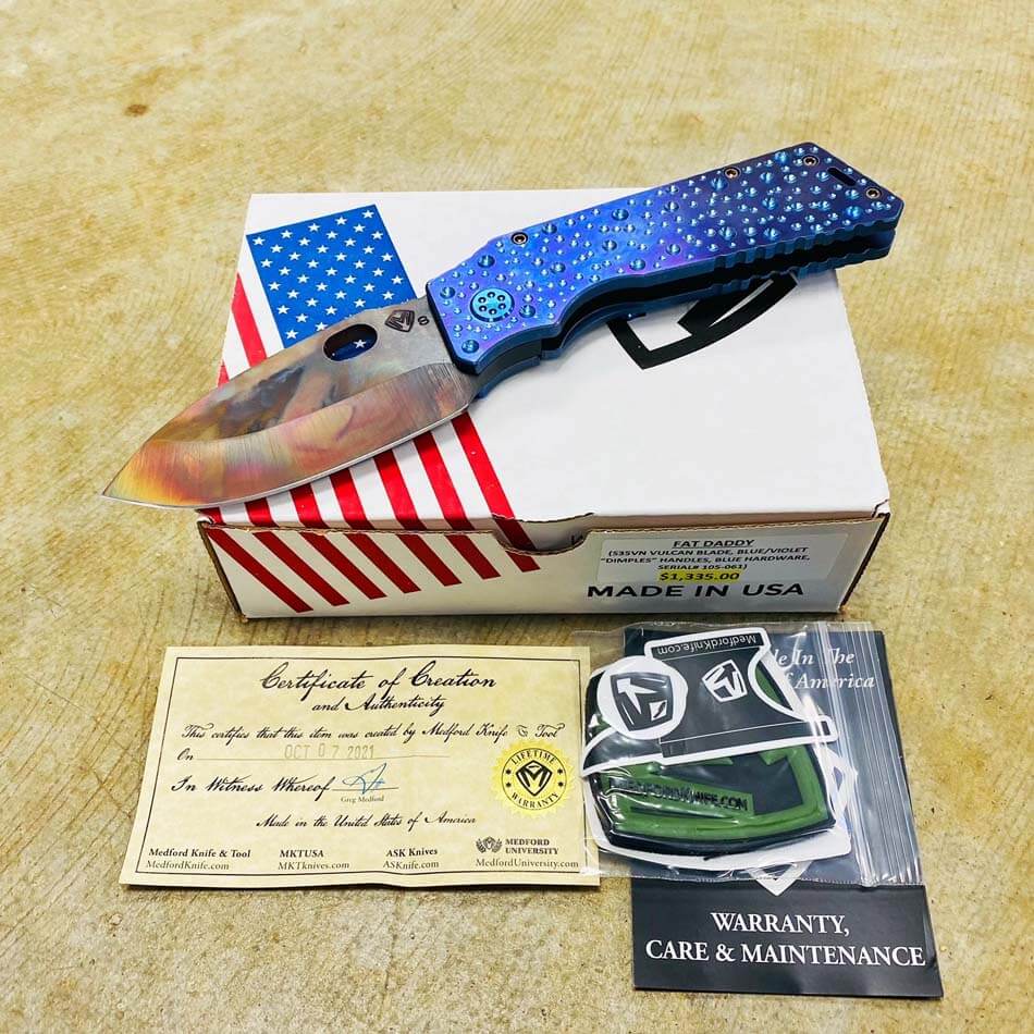 Medford TFF-1 Fat Daddy S35VN Vulcan 4" Blade BLUE VIOLET Cotton Candy Dimples Knife serial 105-061