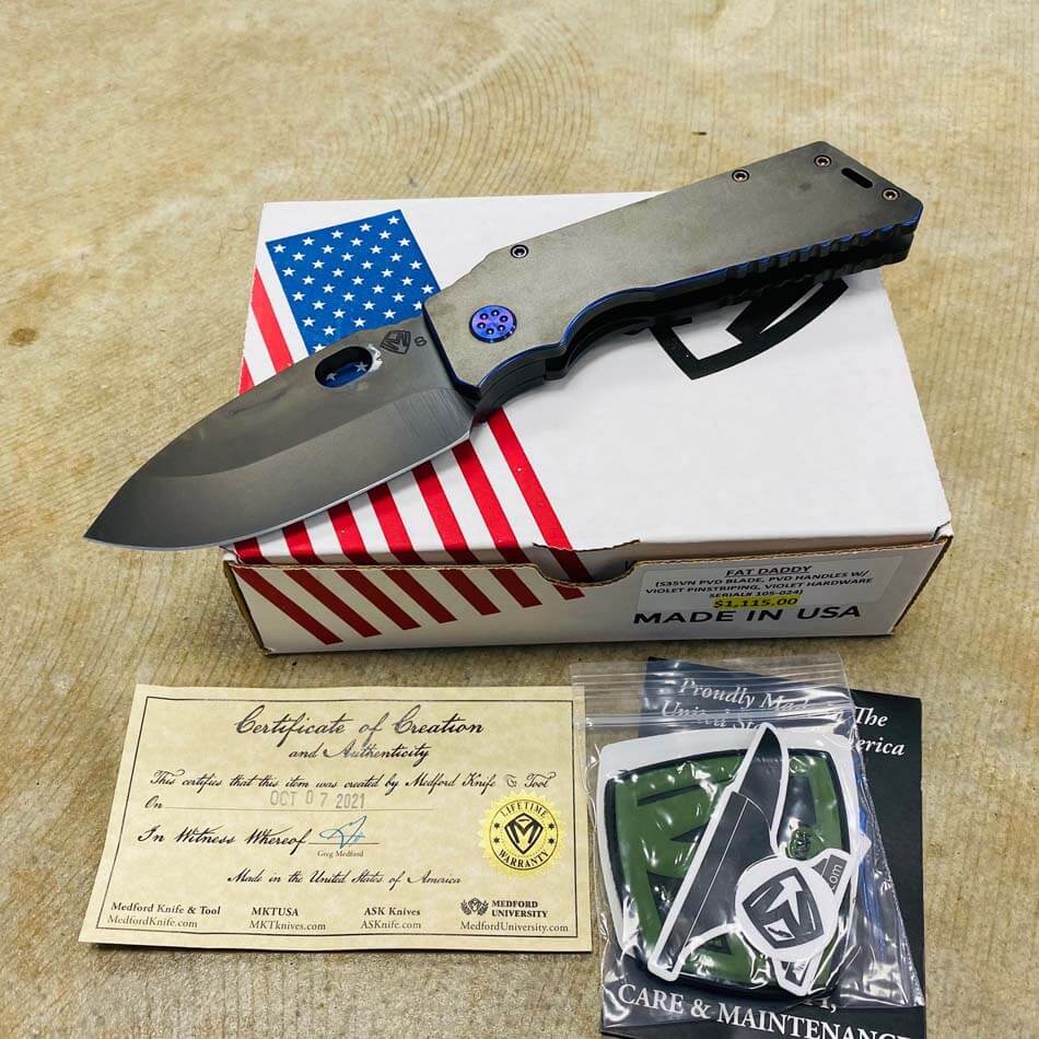 Medford TFF-1 Fat Daddy 4" S35VN PVD Blade TRON PVD with Purple Pinstriping Knife serial 105-024