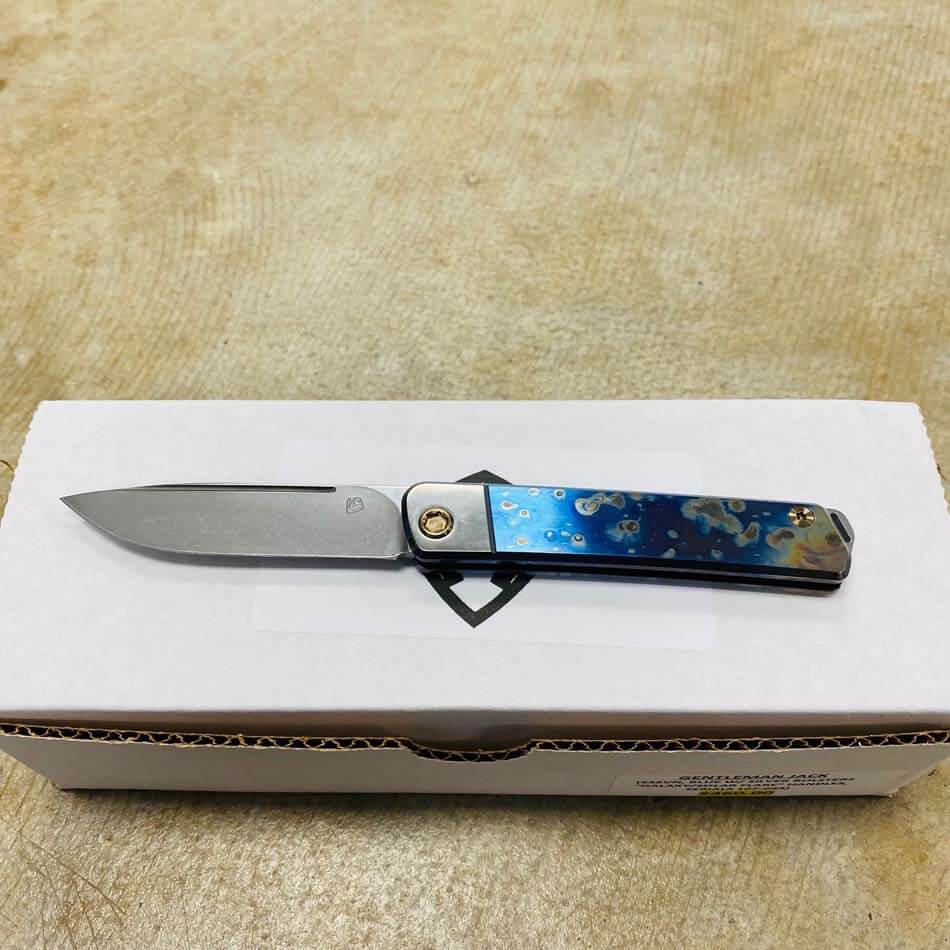 Medford Gentleman Jack GJ-1 Ti 3.1" Slip Joint Blue with Brushed Silver Bolsters Galaxy Solar Flare Knife 107-044 - MKT GJ Galaxy knife
