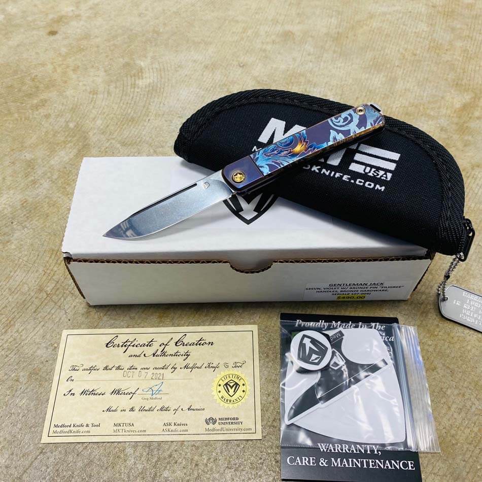 Medford Gentleman Jack GJ-1 Ti 3.1" Slip Joint Violet Bank Scroll Filigree Handle Knife 107-009