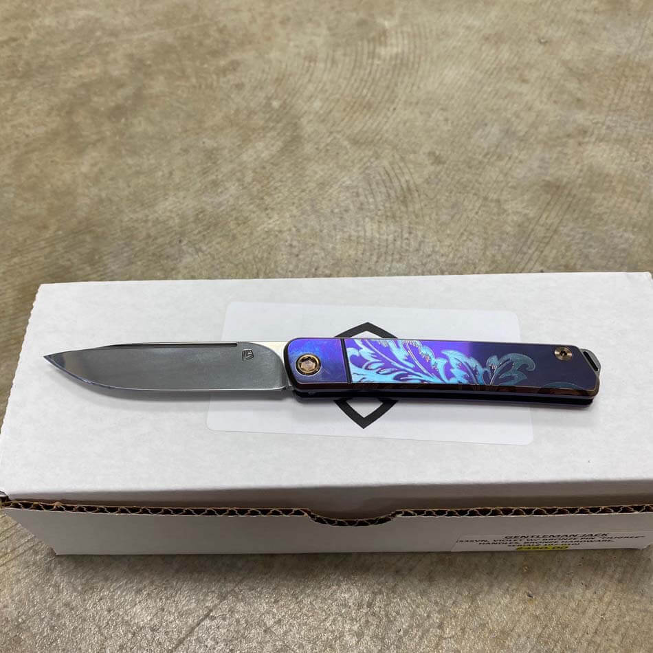Medford Gentleman Jack GJ-1 Ti 3.1" Slip Joint Violet Bank Scroll Filigree Handle Knife 107-010 - MKT GJ Filigree serial 107-010