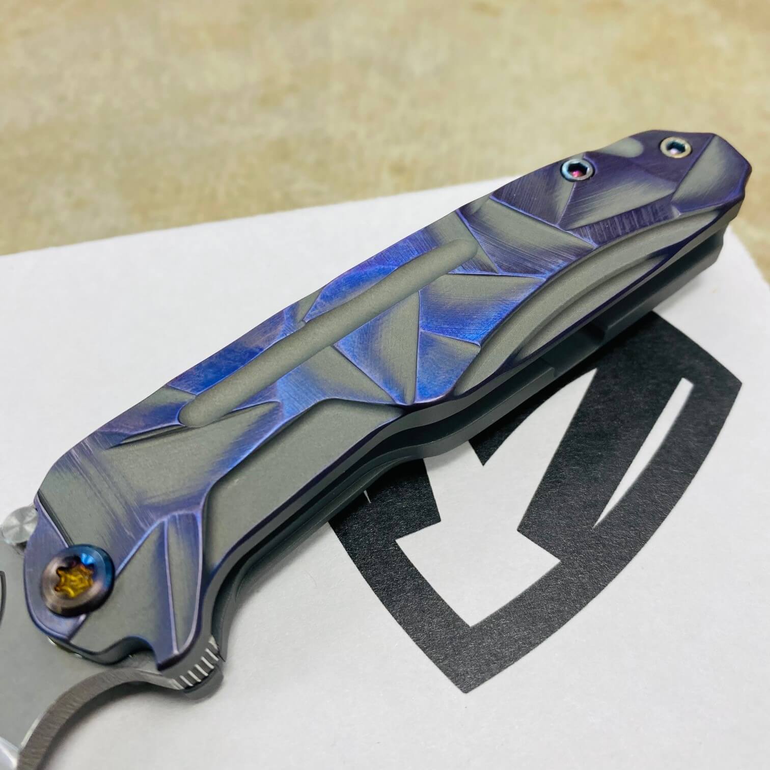 Medford Infraction S45VN 3.25" Tumbled Blade Bead Blasted Cement with Brushed Violet Stained Glass Handles Knife Serial 305-090 - MKT Infraction Cement Purple