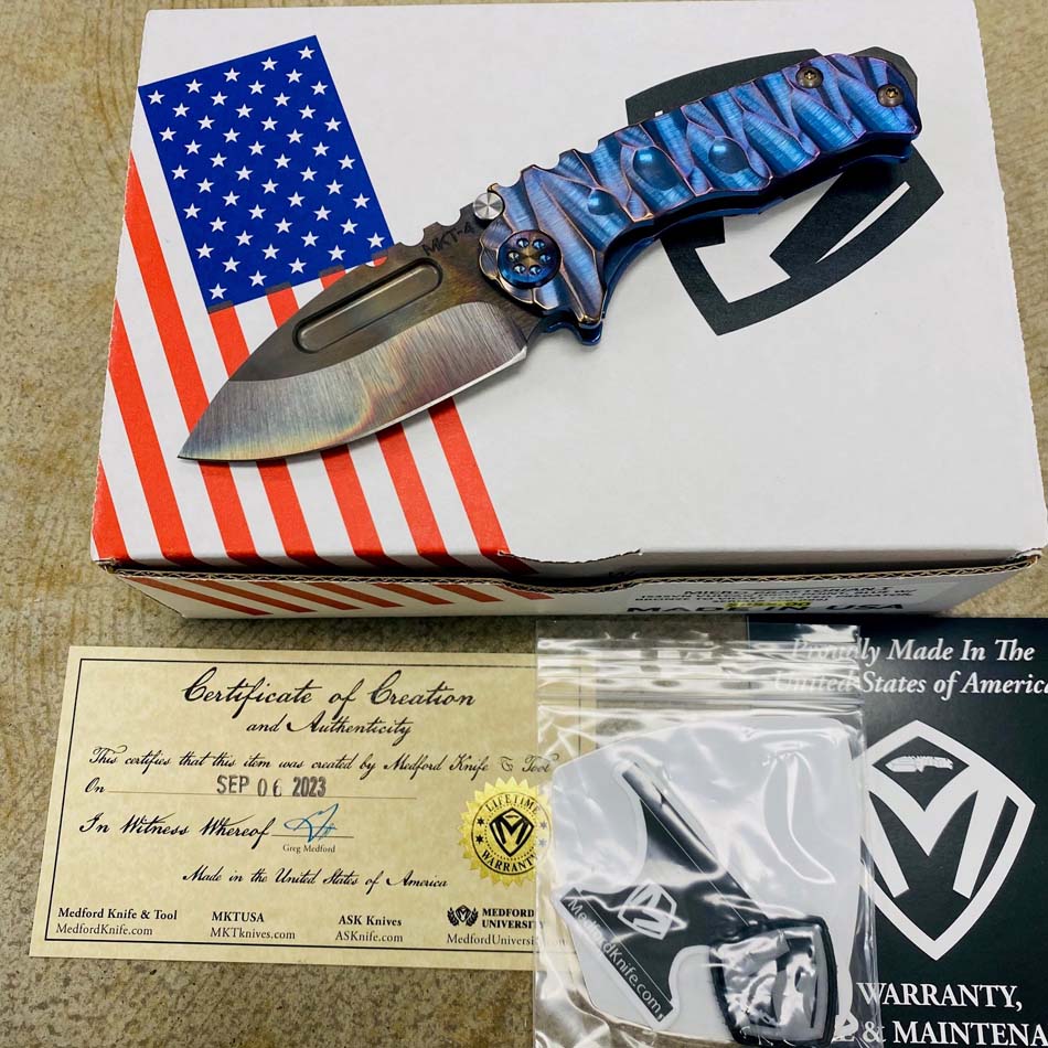 Medford Micro Praetorian T S35VN 2.8" Vulcan Drop Point Blue with Bronze Violet Fade Twisted Predator Handles Knife Serial 306-099 Medford Micro Praetorian T S35VN 2.8" Vulcan Drop Point Blue with Bronze Violet Fade Twisted Predator Handles Knife Serial 306-099