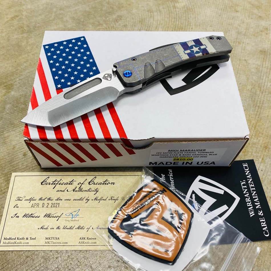 Medford Midi Marauder 3V Satin Flats 3.25" Tanto Tumbled Warthog Stars and Bars Blue Hardware Knife 102-068