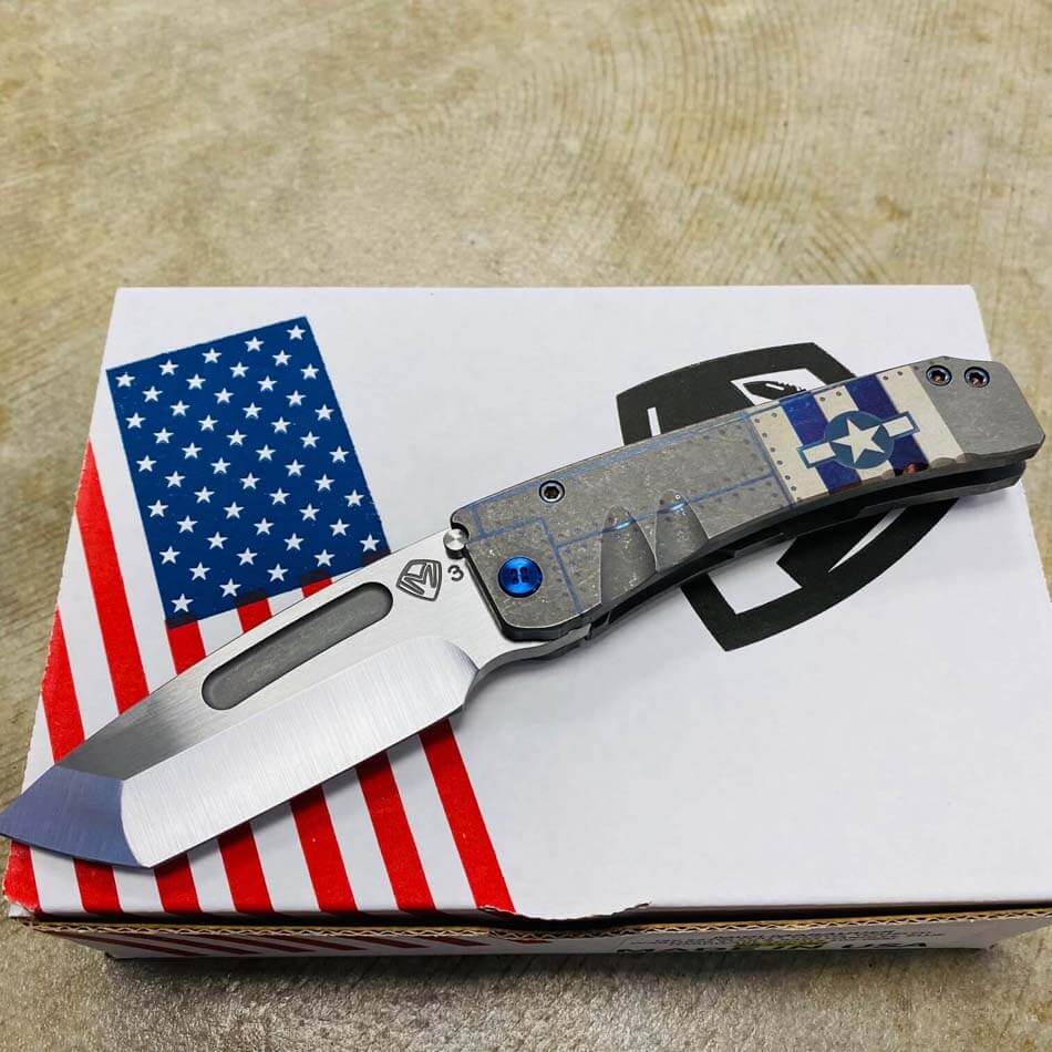Medford Midi Marauder 3V Satin Flats 3.25" Tanto Tumbled Warthog Stars and Bars Blue Hardware Knife 102-068 - MK0333STT-01TM-T2C2-Q4 102-068