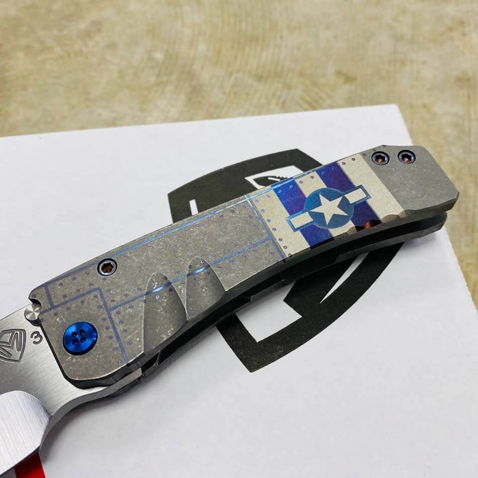 Medford Midi Marauder 3V Satin Flats 3.25" Tanto Tumbled Warthog Stars and Bars Blue Hardware Knife 102-068 - MK0333STT-01TM-T2C2-Q4 102-068