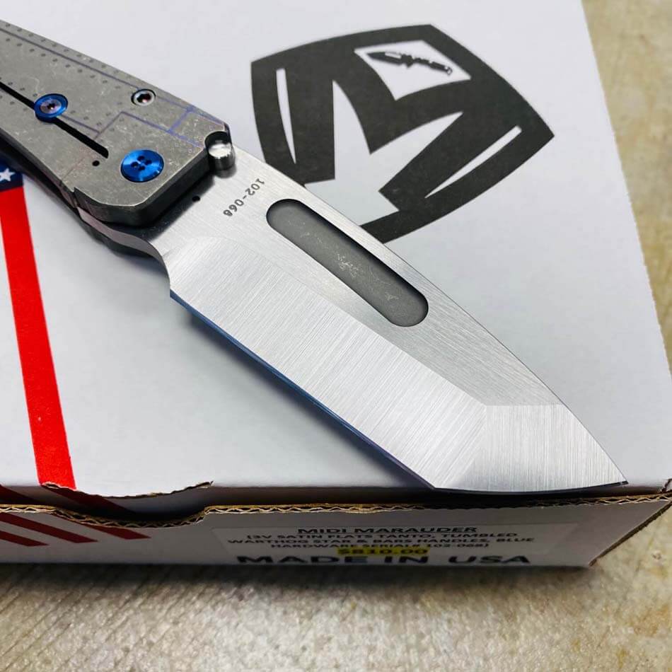 Medford Midi Marauder 3V Satin Flats 3.25" Tanto Tumbled Warthog Stars and Bars Blue Hardware Knife 102-068 - MK0333STT-01TM-T2C2-Q4 102-068