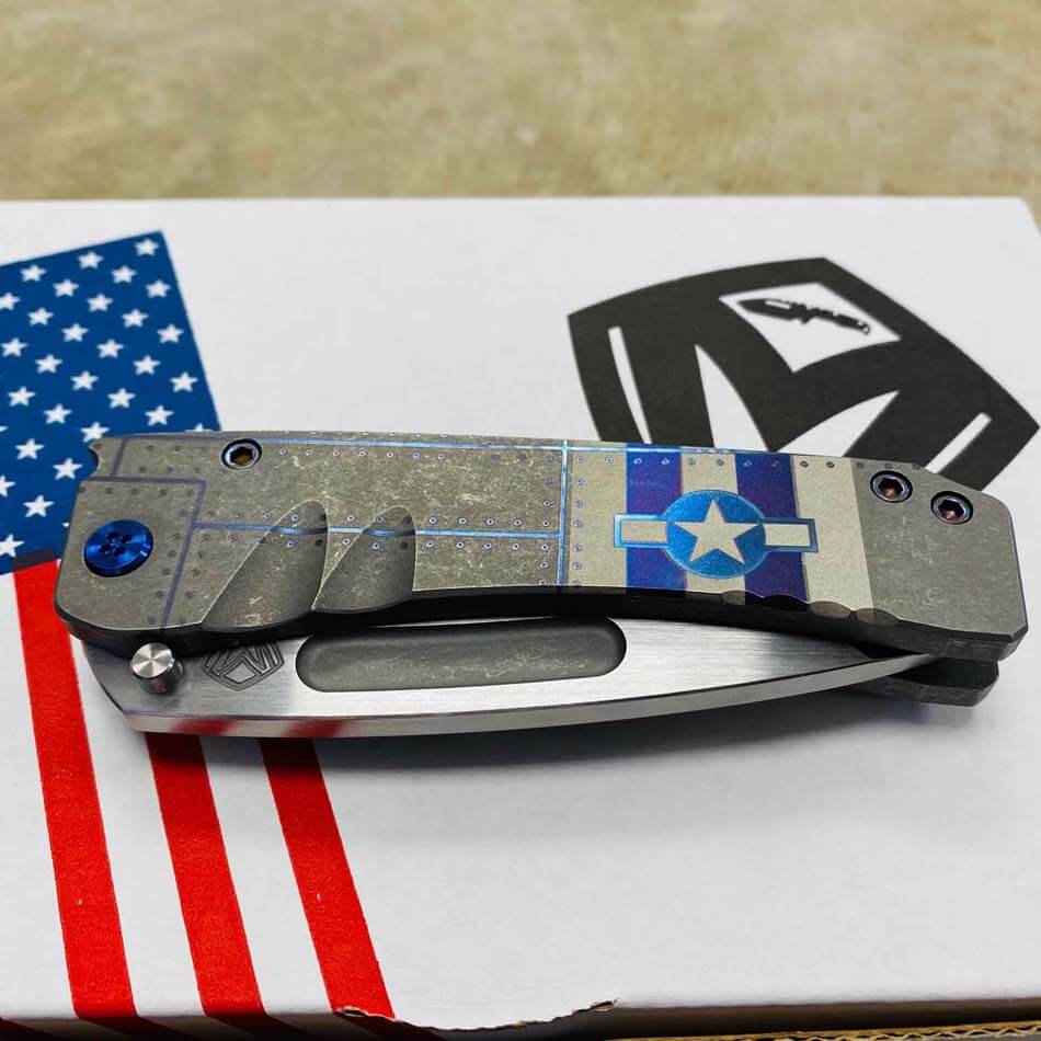 Medford Midi Marauder 3V Satin Flats 3.25" Tanto Tumbled Warthog Stars and Bars Blue Hardware Knife 102-068 - MK0333STT-01TM-T2C2-Q4 102-068