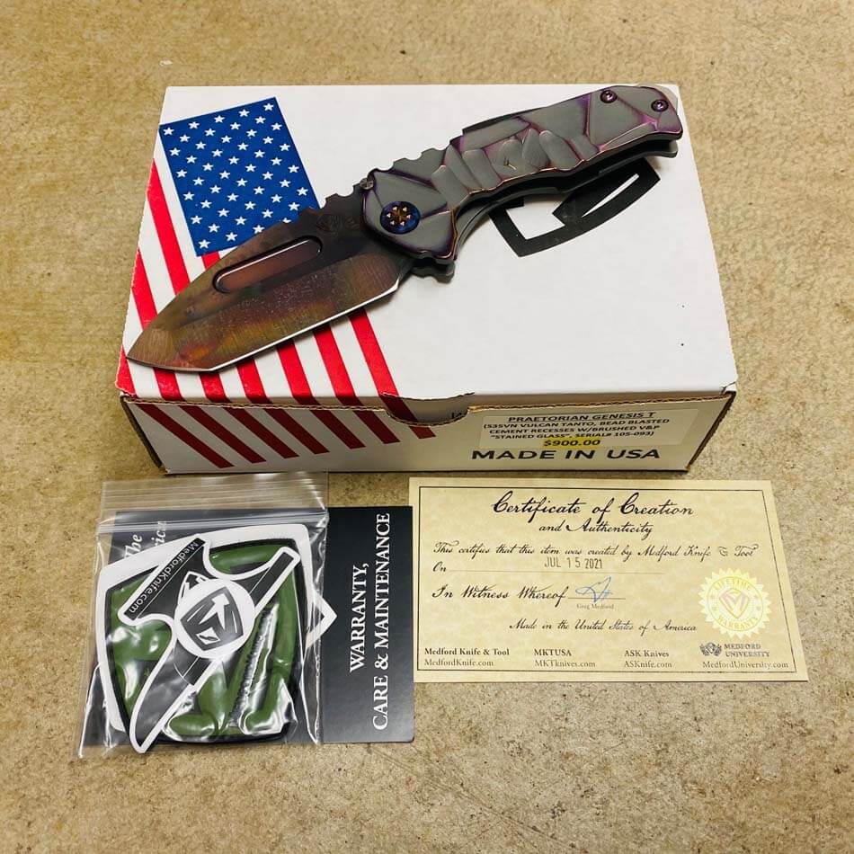 Medford Praetorian Genesis T S35VN Vulcan 3.3" Tanto Cement with Brushed Violet Flats Stained Glass Knife 105-093