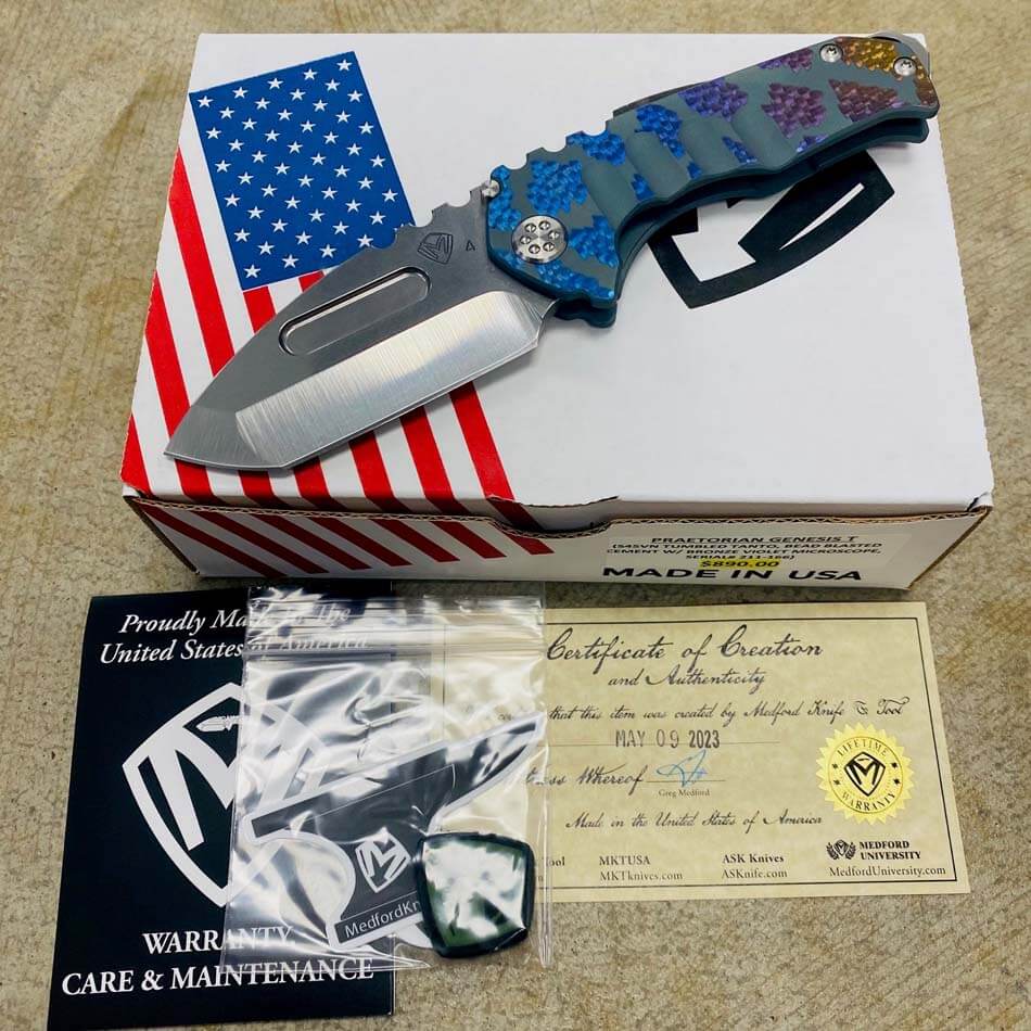 Medford Praetorian Genesis T S45VN Tumbled 3.3" Tanto Bead Blasted Cement with Bronze Violet Blue Microscope Handles Knife Serial 211-166