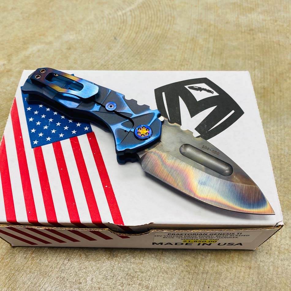 Medford Praetorian Genesis TI 3V 3.3" Vulcan Drop Point Blue Cement Stained Glass Knife serial 106-050 - MKT Prae Gen Ti Stained Blue