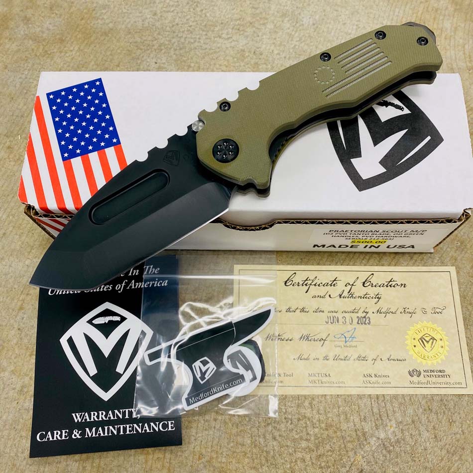 Medford Praetorian Scout M/P D2 Tanto PVD Blade G10 OD Green Handles Knife Serial 212-618