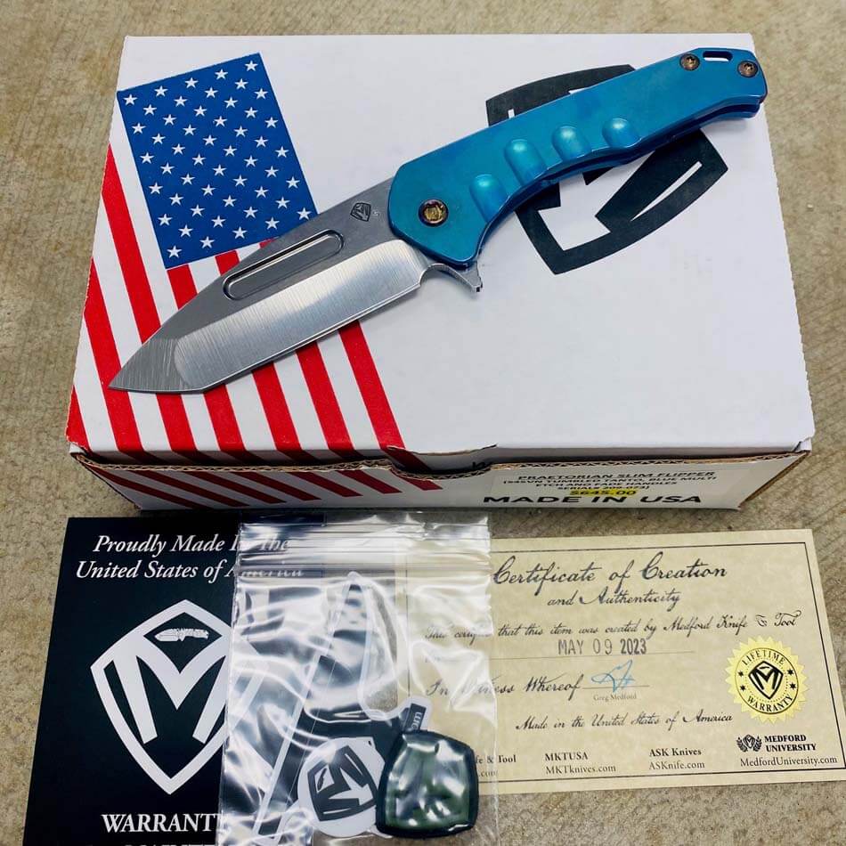 Medford Praetorian Slim Flipper 3.25" S45VN Tumbled TANTO Blade Blue Multi Etch Handles Knife 209-073 BLADE SHOW 2023