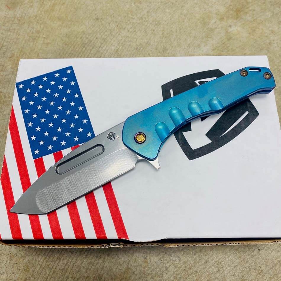 Medford Praetorian Slim Flipper 3.25" S45VN Tumbled TANTO Blade Blue Multi Etch Handles Knife 209-073 BLADE SHOW 2023 - MKT Prae Slim Flipper BL Etch