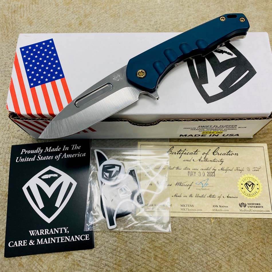 Medford Praetorian Swift FL Flipper 3.75" Tumbled Drop Point Tumbled Blade Blue Handle, Tumbled Spring Knife Serial 303-593
