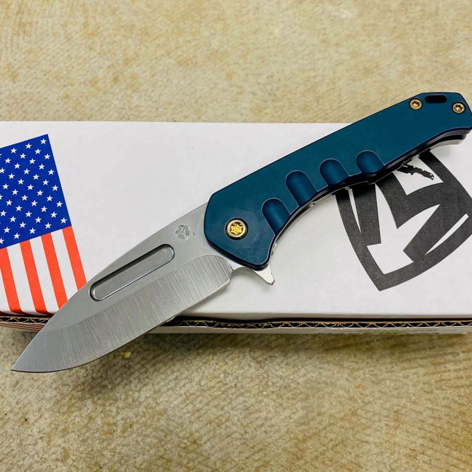 Medford Praetorian Swift FL Flipper 3.75" Tumbled Drop Point Tumbled Blade Blue Handle, Tumbled Spring Knife Serial 303-593 - MKT Swift FL Flipper Blue