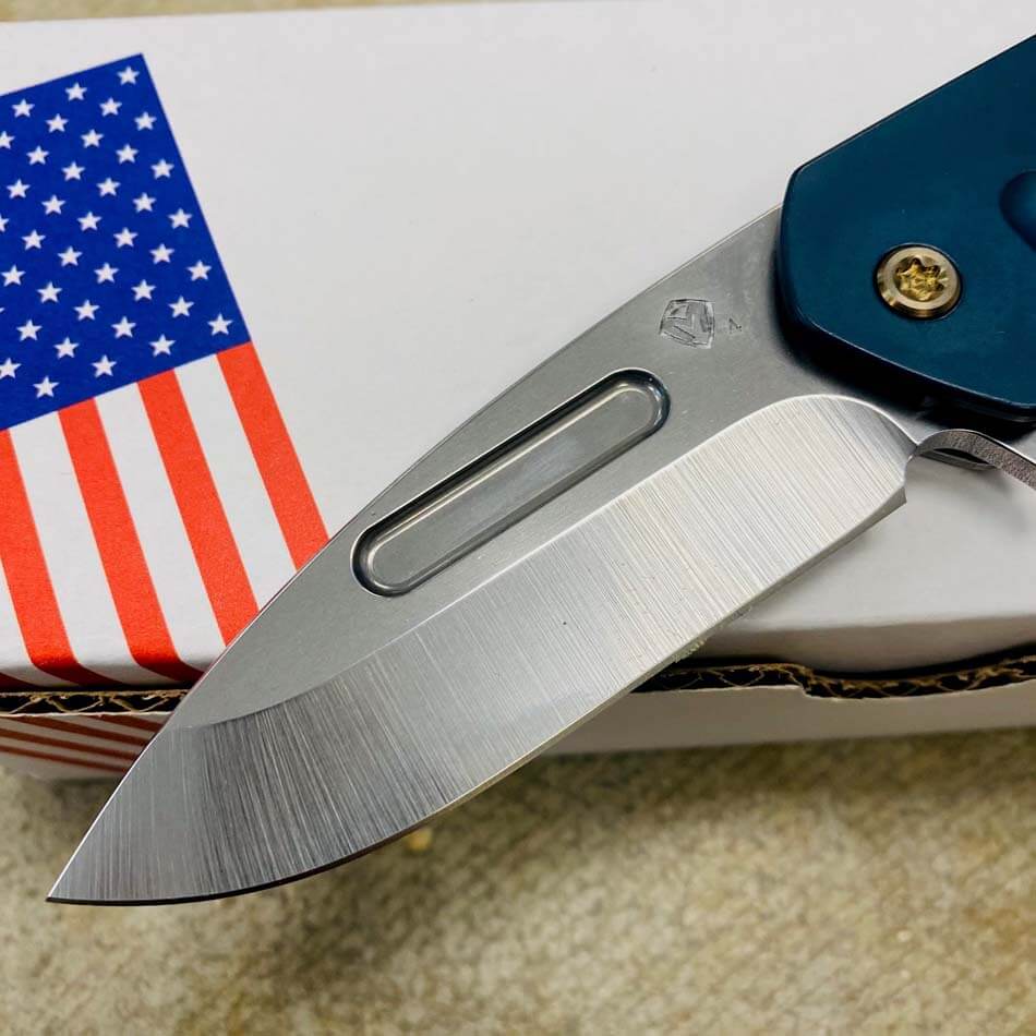 Medford Praetorian Swift FL Flipper 3.75" Tumbled Drop Point Tumbled Blade Blue Handle, Tumbled Spring Knife Serial 303-593 - MKT Swift FL Flipper Blue
