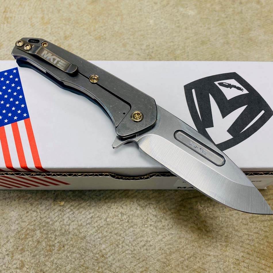 Medford Praetorian Swift FL Flipper 3.75" Tumbled Drop Point Tumbled Blade Blue Handle, Tumbled Spring Knife Serial 303-593 - MKT Swift FL Flipper Blue