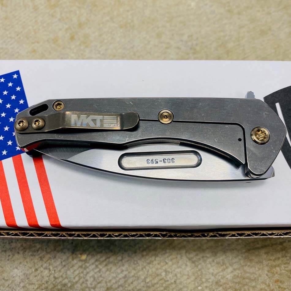 Medford Praetorian Swift FL Flipper 3.75" Tumbled Drop Point Tumbled Blade Blue Handle, Tumbled Spring Knife Serial 303-593 - MKT Swift FL Flipper Blue