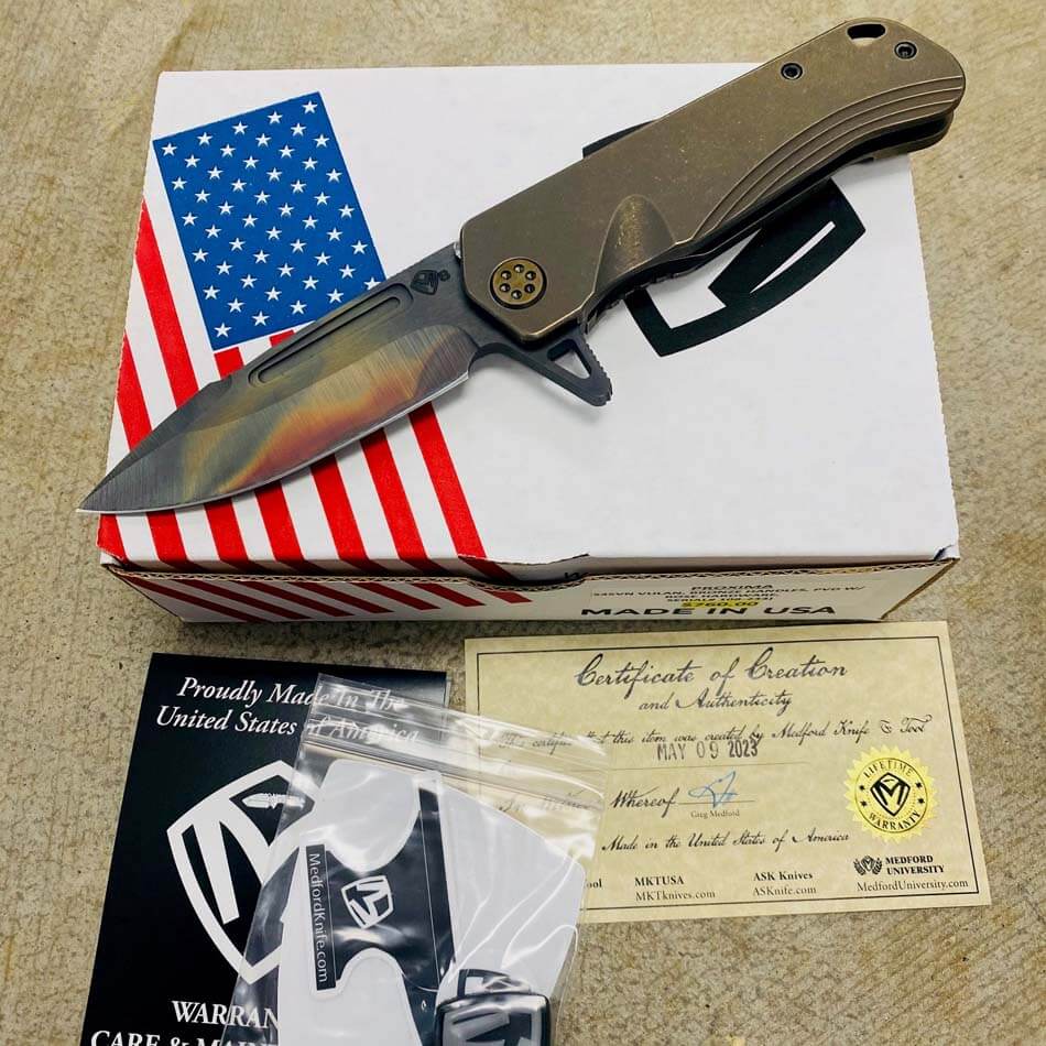 Medford Proxima S35VN 3.9" Vulcan Bronze Handles, PVD with Rose Hardware Knife Serial 108-233 Blade Show 2023
