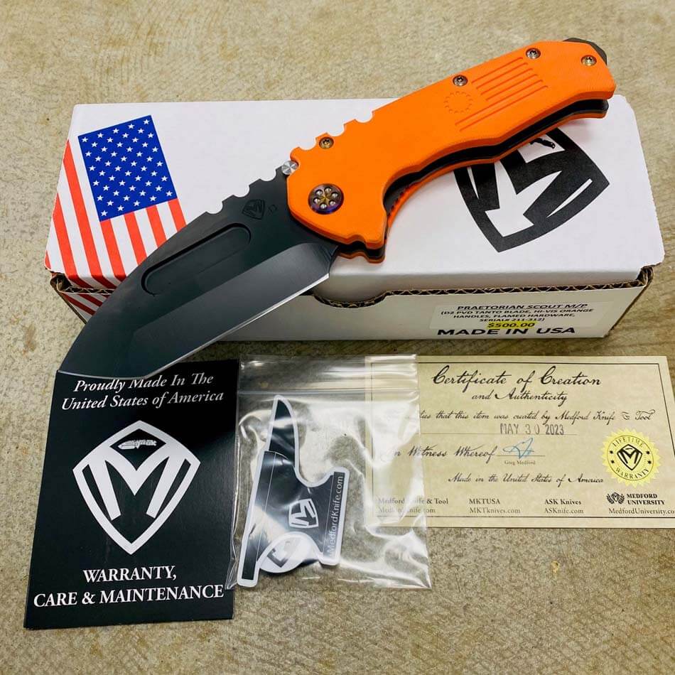 Medford Praetorian Scout M/P D2 Tanto PVD Blade G10 Hi-Vis Orange Handles Flamed Hardware Knife Serial 211-312