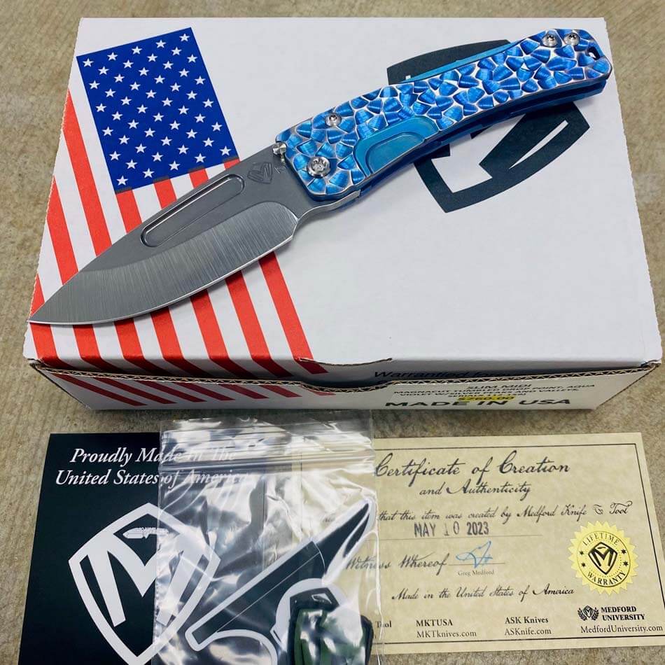 Medford Slim Midi Magnacut Tumbled 3.25" Drop Point Aqua Violet with Silver Peaks and Valleys Handles Knife 112-159 BLADE SHOW 2023