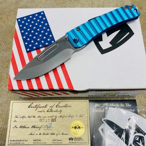 Medford Slim Midi S45VN Tumbled 3.25" Drop Point Aquamarine Gator Belly Knife Serial 306-239