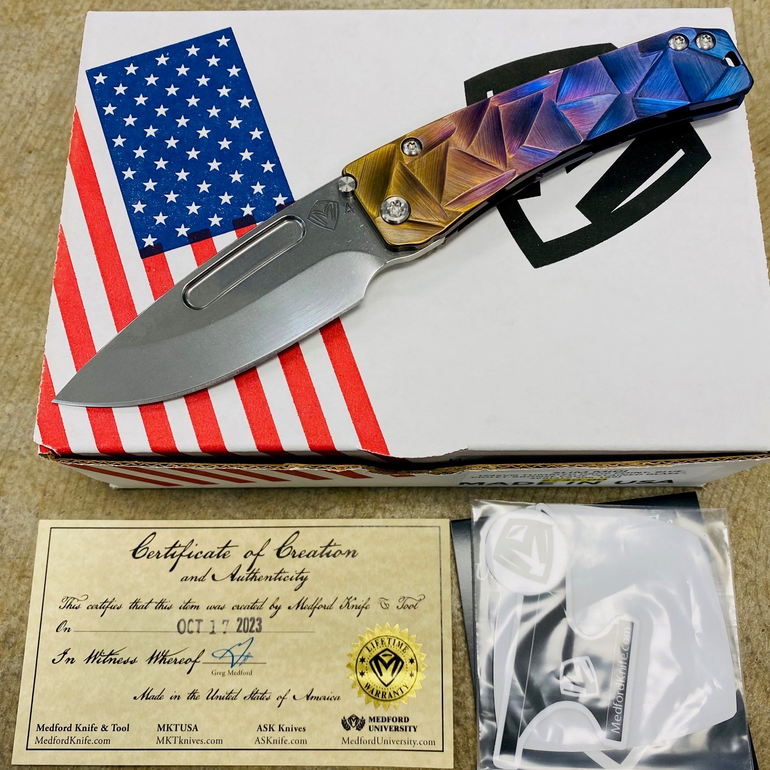 Medford Slim Midi S45VN Tumbled 3.25" Drop Point Blue Violet Bronze Stained Glass Knife Serial 306-189