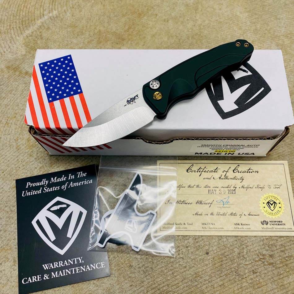 Medford Smooth Criminal AUTO Green S35VN Tumbled Blade 3" Knife Serial 102-005
