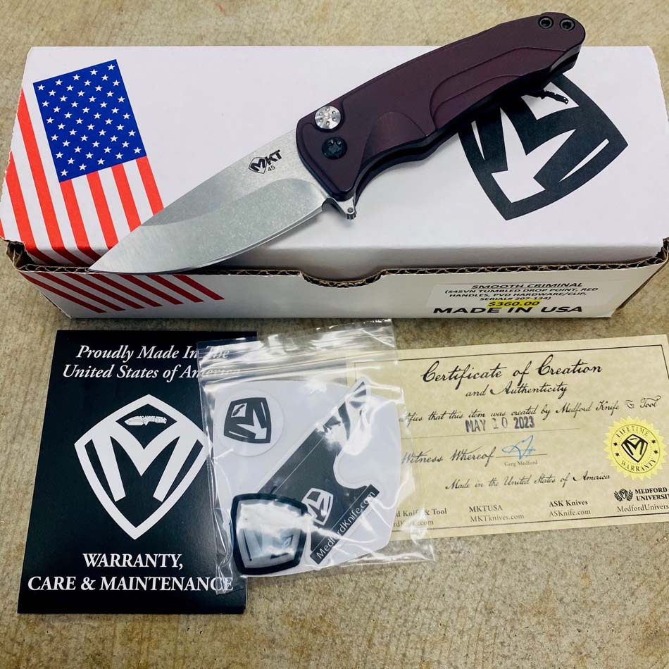 Medford Smooth Criminal Red S45VN Tumbled Blade 3" Folding Knife with PVD Hardware Serial 207-134