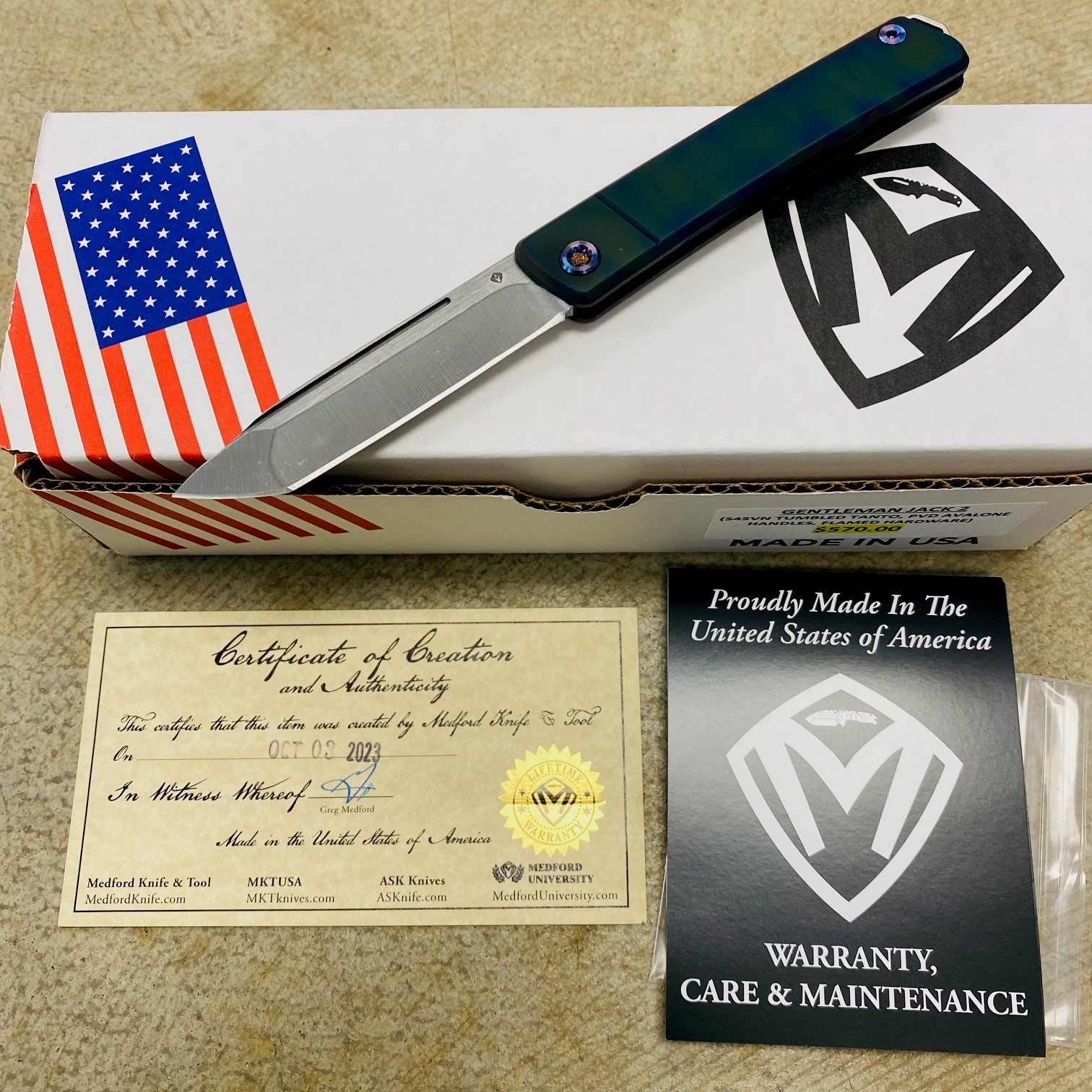 Medford Gentleman Jack GJ-2 Ti 3.1" S45VN TANTO Slip Joint PVD ABALONE Handle Knife with Pocket Clip