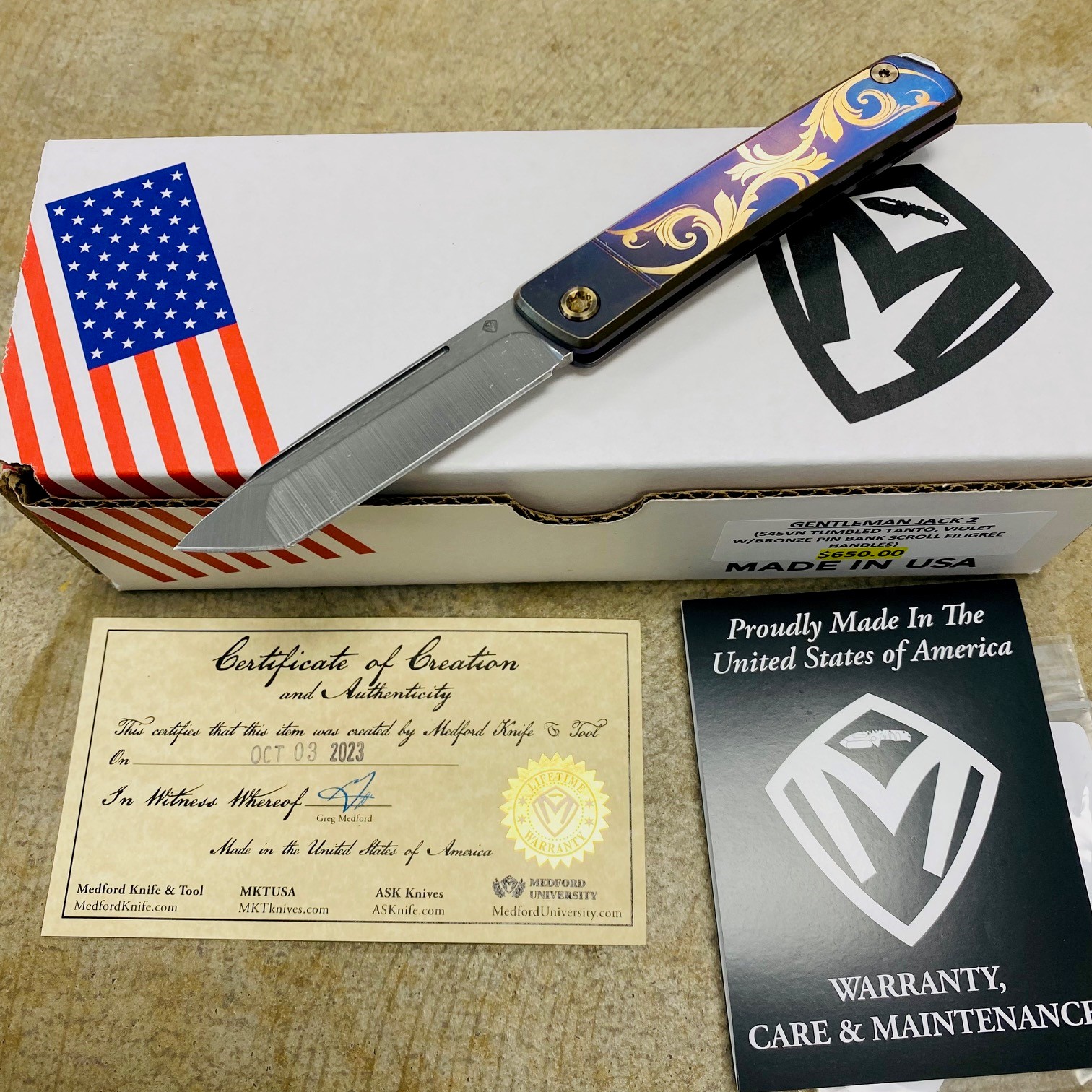 Medford Gentleman Jack GJ-2 Ti 3.1" S45VN TANTO Slip Joint BANK SCROLL FILIGREE Handle Knife with Pocket Clip