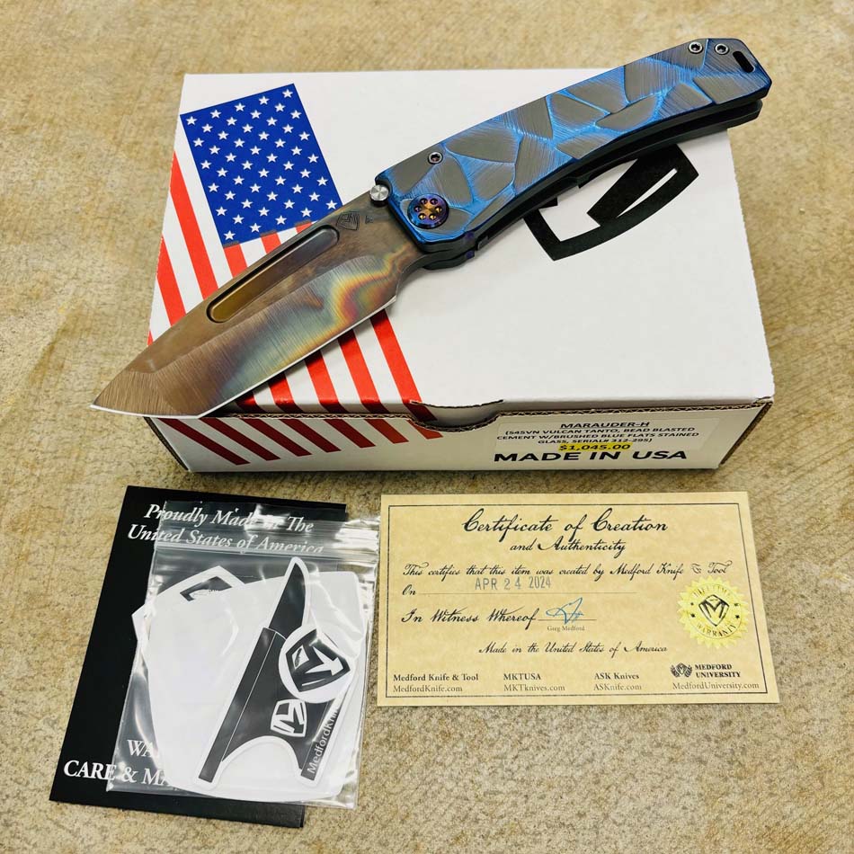 Medford Marauder H S45VN 3.75" Vulcan Tanto Blade Bead Blasted Cement with Brushed Blue Flats Stained Glass Knife Serial 312-295 Medford Marauder H S45VN 3.75" Vulcan Tanto Blade Bead Blasted Cement with Brushed Blue Flats Stained Glass Knife Serial 312-295