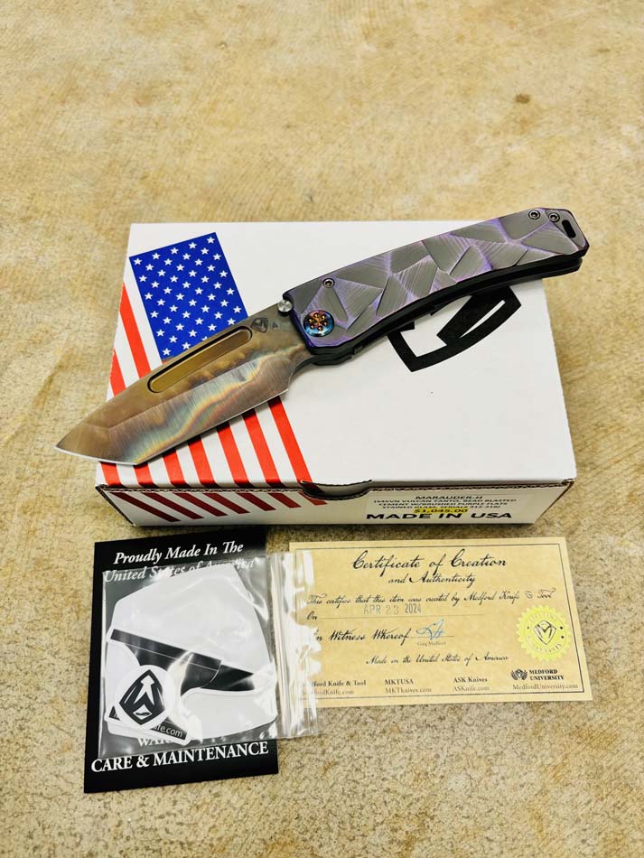 Medford Marauder H S45VN 3.75" Vulcan Tanto Blade Bead Blasted Cement with Brushed Violet Flats Stained Glass Knife Serial 312-218 Medford Marauder H S45VN 3.75" Vulcan Tanto Blade Bead Blasted Cement with Brushed Violet Flats Stained Glass Knife Serial 312-218
