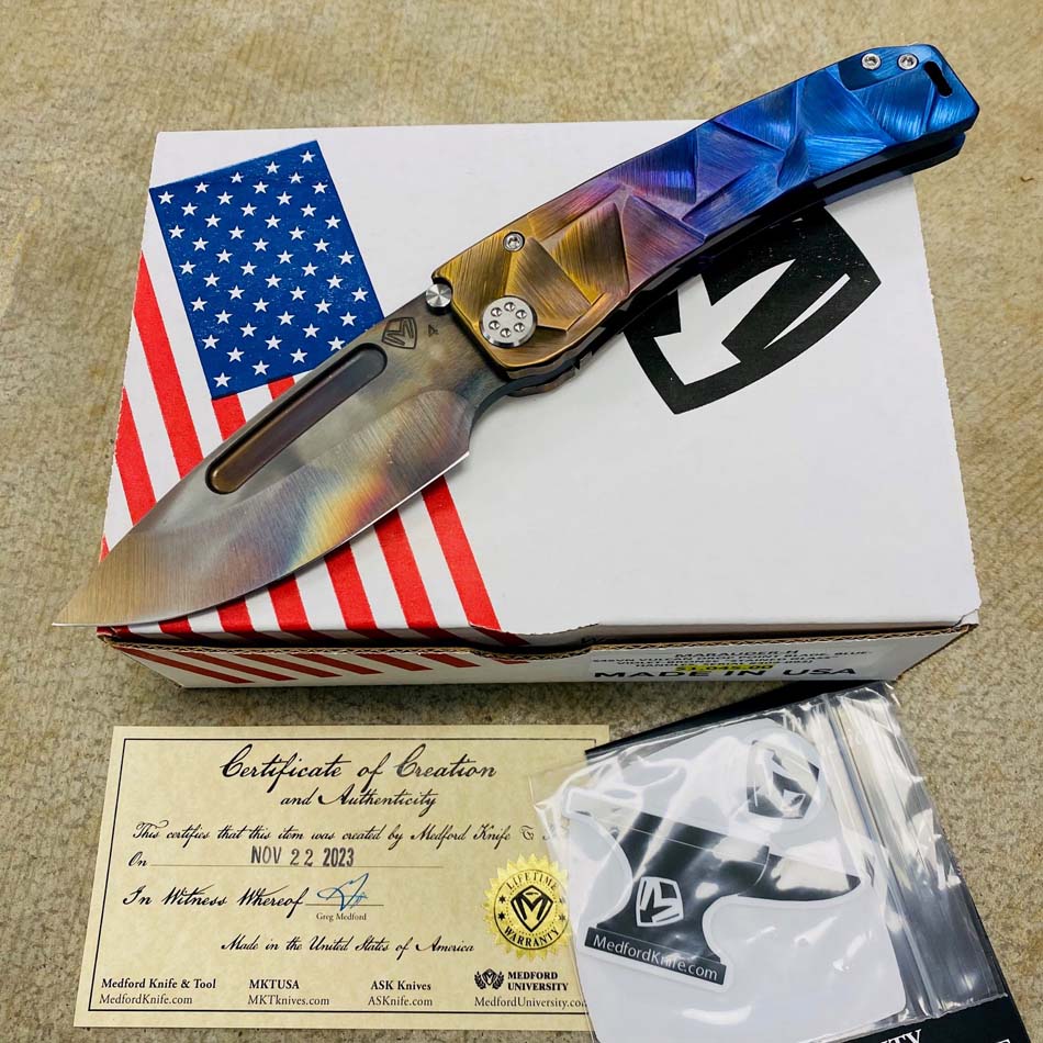 Medford Marauder H S45VN 3.75" Vulcan Drop Point Blade Violet Bronze Stained Glass Knife Serial 309-092 Medford Marauder H S45VN 3.75" Vulcan Drop Point Blade Violet Bronze Stained Glass Knife Serial 309-092