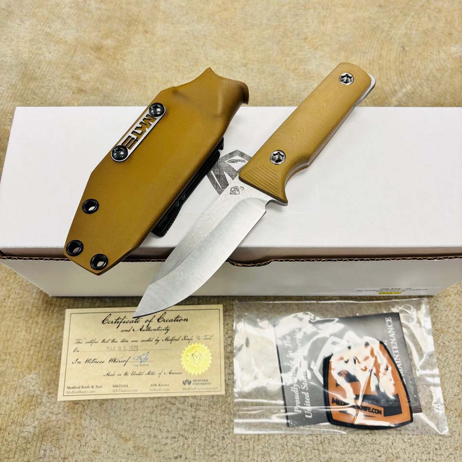 Medford San Pro Series 3V 4" Tumbled Fixed Blade, Coyote G10 Handles, Kydex Sheath, Fixed Standard Hardware - Medford San Coyote