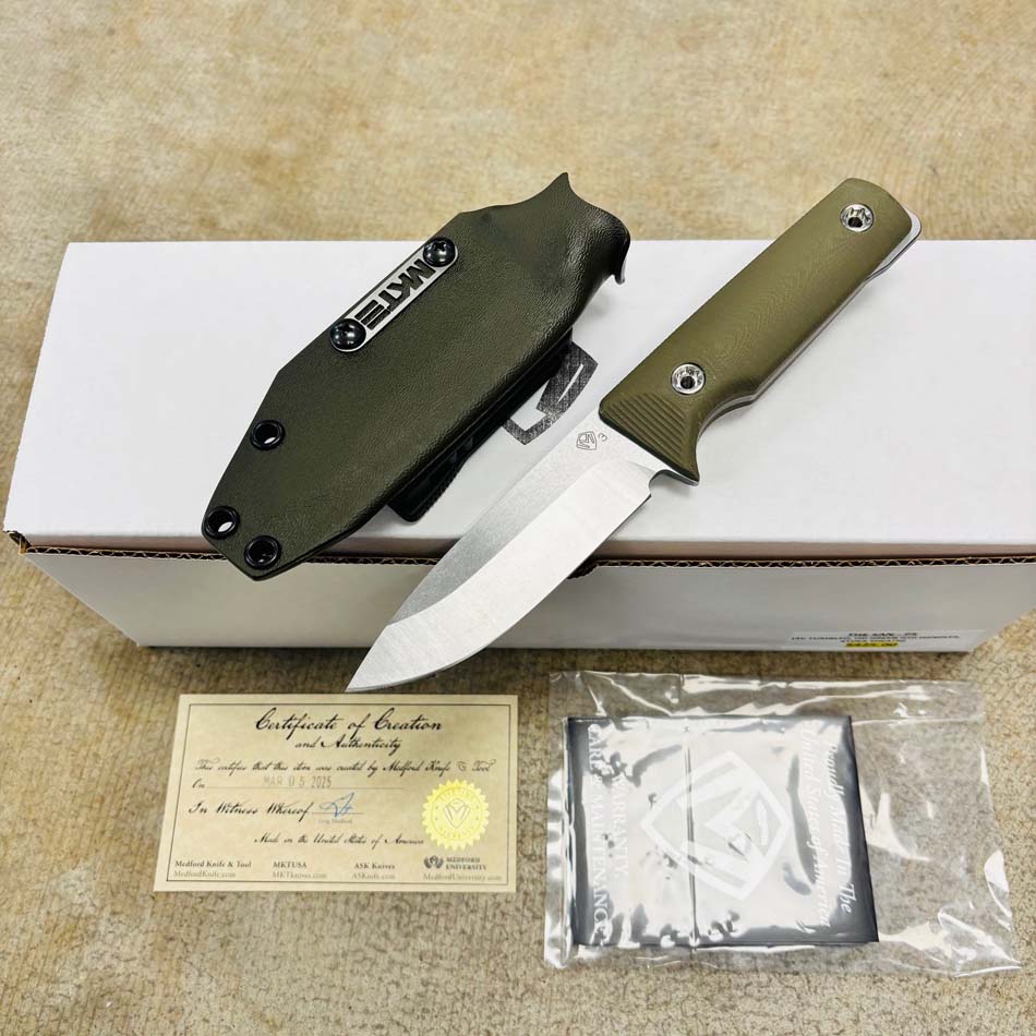Medford San Pro Series 3V 4" Tumbled Fixed Blade, OD Green G10 Handles, Kydex Sheath, Fixed Standard Hardware - Medford San OD Green