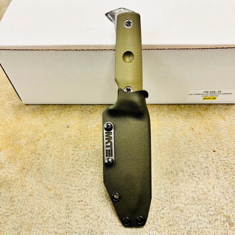 Medford San Pro Series 3V 4" Tumbled Fixed Blade, OD Green G10 Handles, Kydex Sheath, Fixed Standard Hardware - Medford San OD Green