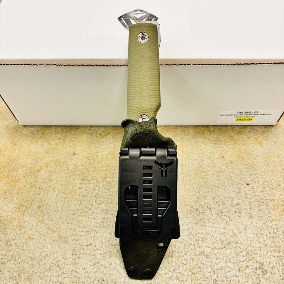 Medford San Pro Series 3V 4" Tumbled Fixed Blade, OD Green G10 Handles, Kydex Sheath, Fixed Standard Hardware - Medford San OD Green