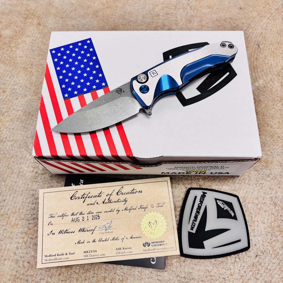 Medford Smooth Criminal Ti S45VN 3" Tumbled Blade, Dark Blue with Faced Silver Flats Titanium Handles, Dark Blue Hardware Knife Serial 505-169 - MKT Smooth Crim Ti Dark Blue