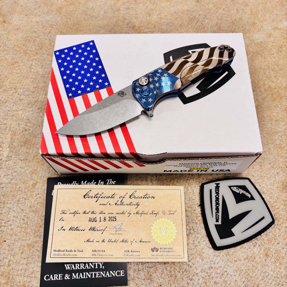 Medford Smooth Criminal Ti S45VN 3" Tumbled Blade, Blue American Flag Handles, Blue Flag Clip Knife Serial 505-112 - MKT Smooth Crim Ti American 2